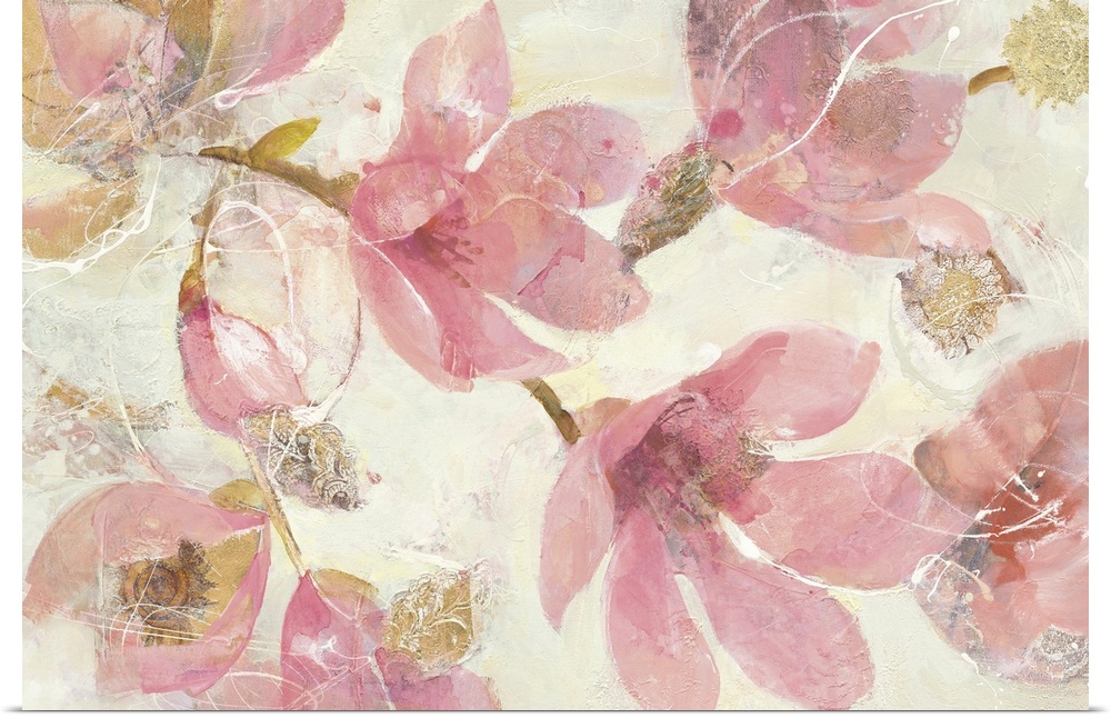 Contemporary painting of pink flowers against a neutral background.