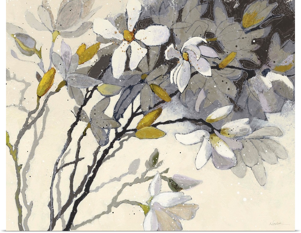 Large contemporary painting of magnolia flowers in yellow, grey, white, and silver on a cream background.