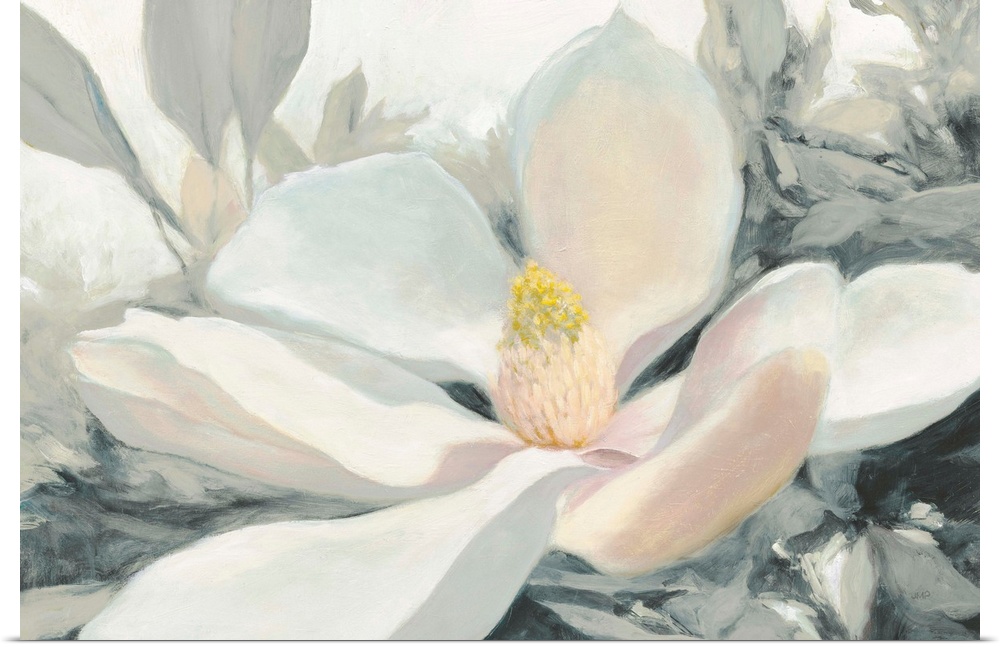 A large close up painting of a magnolia bloom in shades of yellow, pink and gray.