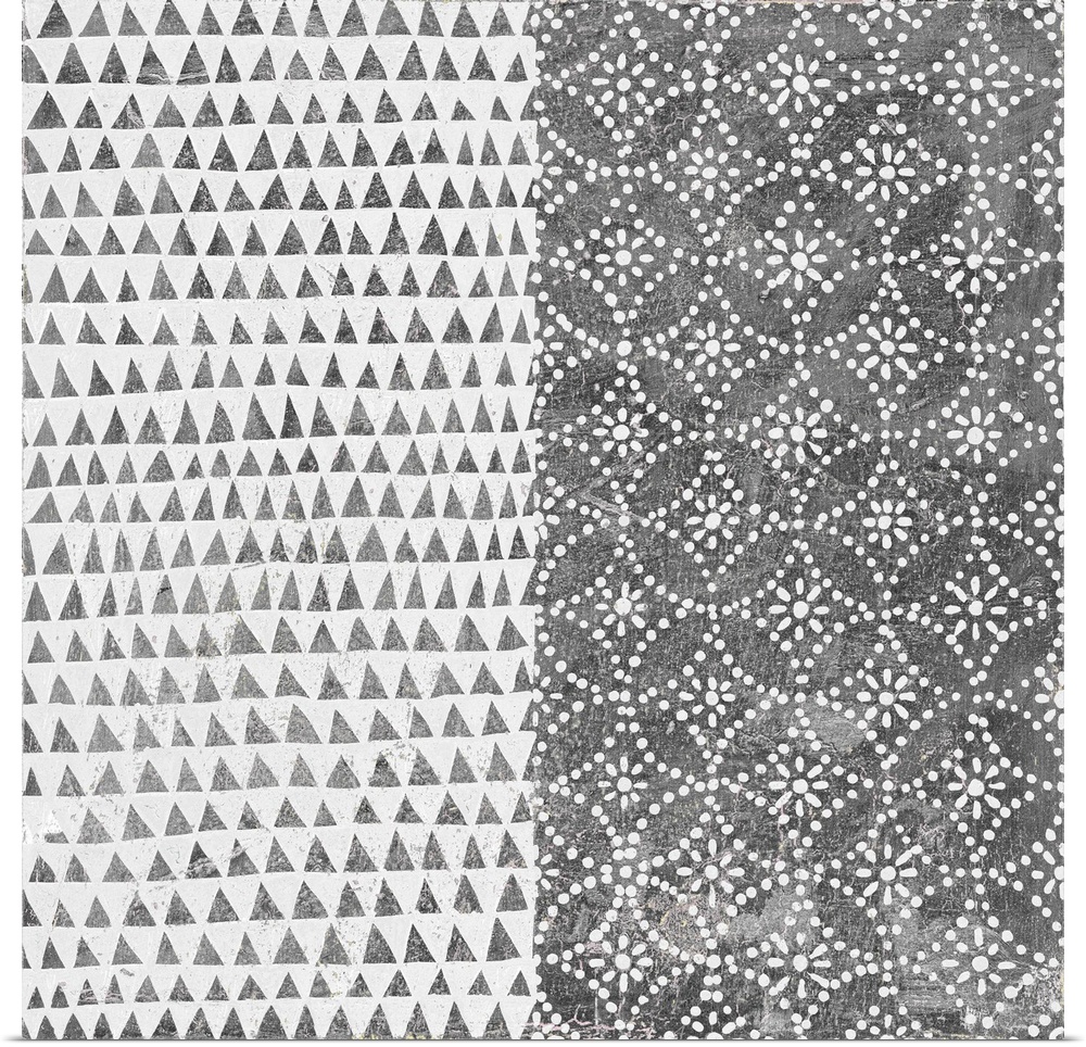 A square decorative image of black and white shapes and patterns within rectangle sections.