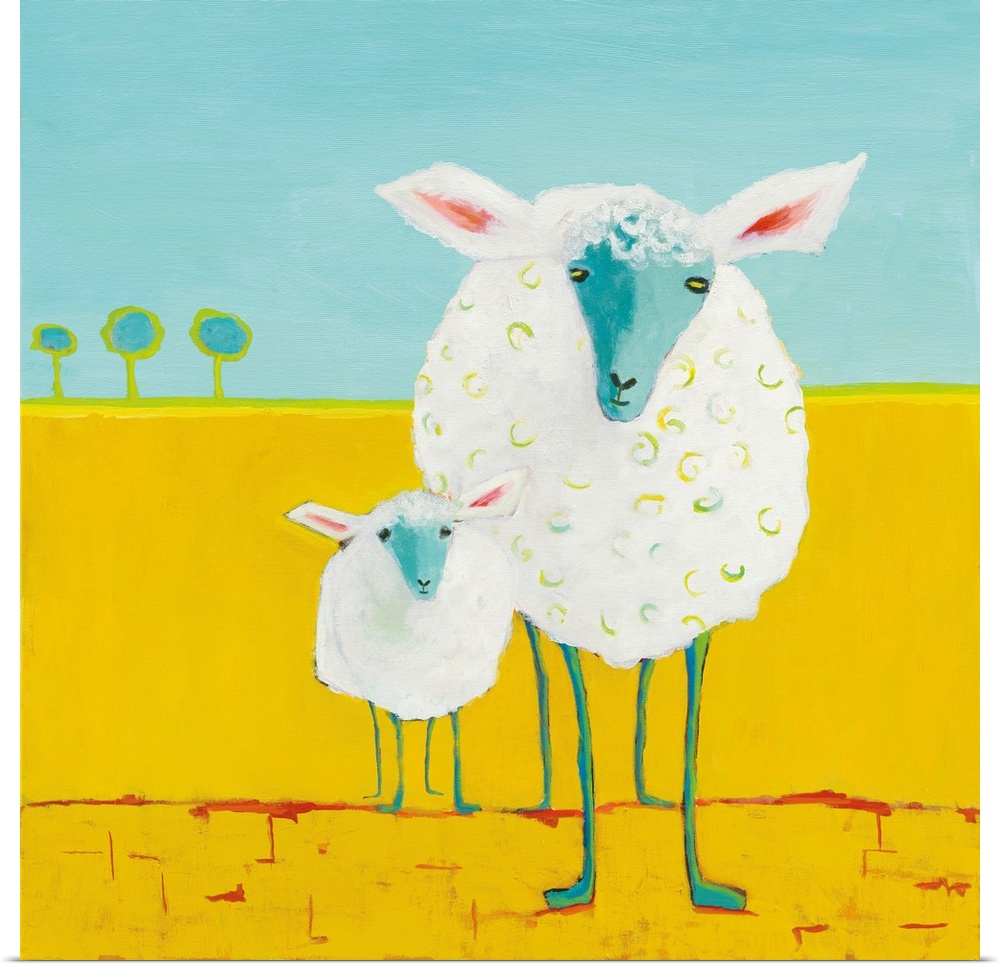 Contemporary abstract painting of a mother and baby sheep standing outside on a bright yellow surface with long, blue legs.