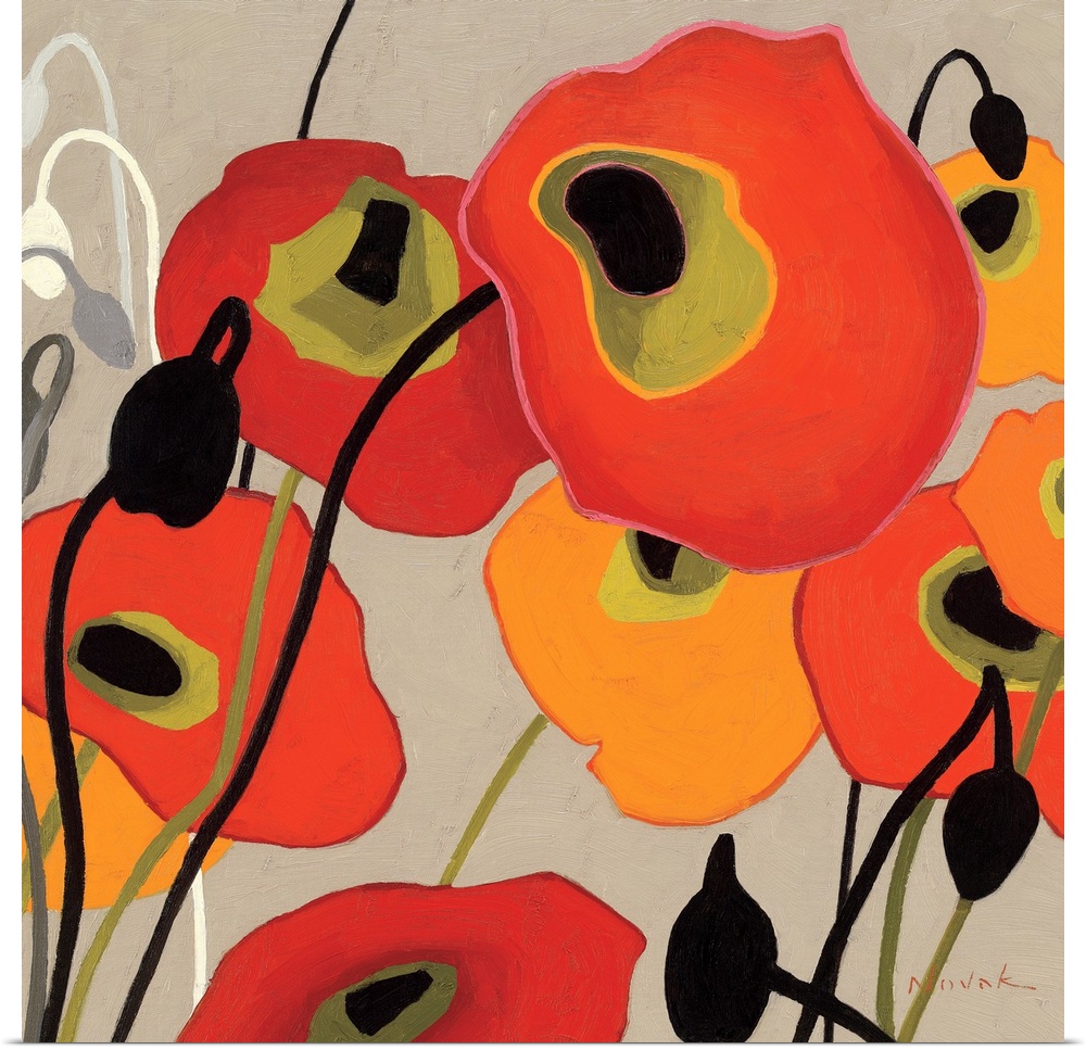 This contemporary abstract painting showcases simplified poppies painted with flat colors over a neutral background.