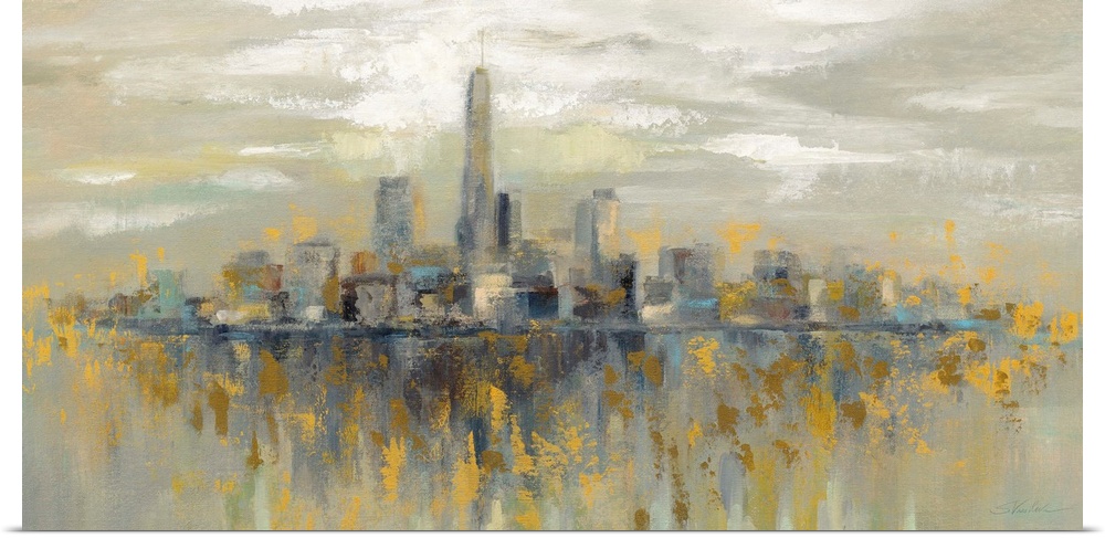 Contemporary landscape painting of the skyline of New York City with yellow accents.
