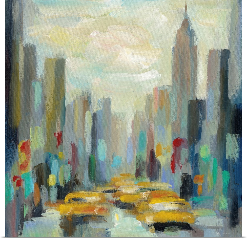 A modern contemporary painting in an impressionism style of a New York City street with the Empire State Building in the b...