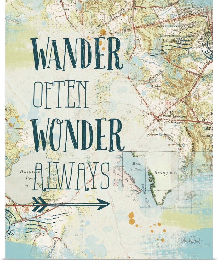 "Wander Often Wonder Always" written on top of a map and postage stamp collage.