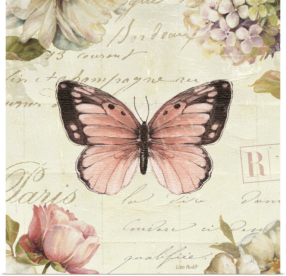 Contemporary artwork of a butterfly with text text against a light cream colored background.