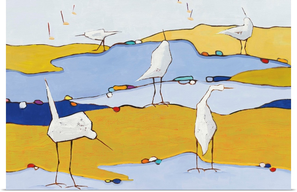 Abstract painting of five white egrets in a marsh made out of a variety of blue and yellow hues.