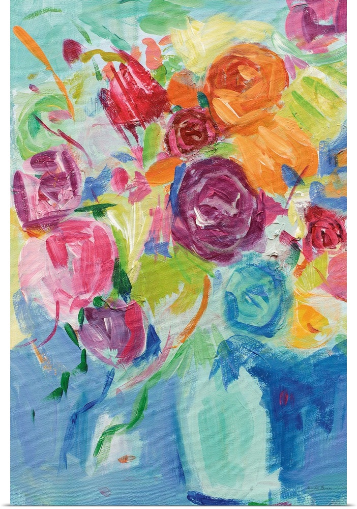 Impressionist painting of pastel colored florals in an aqua vase.
