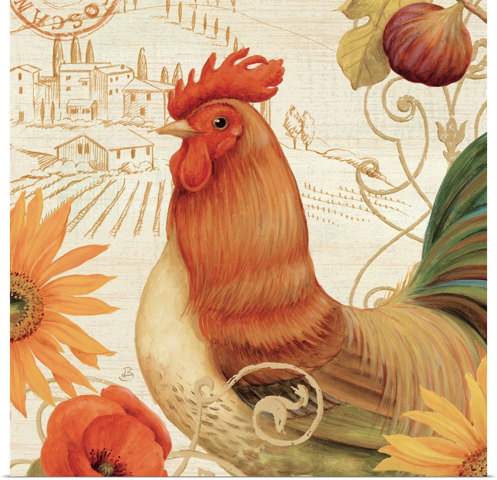 Contemporary artwork of a rooster surrounded by flowers, against a background of idyllic scenery.