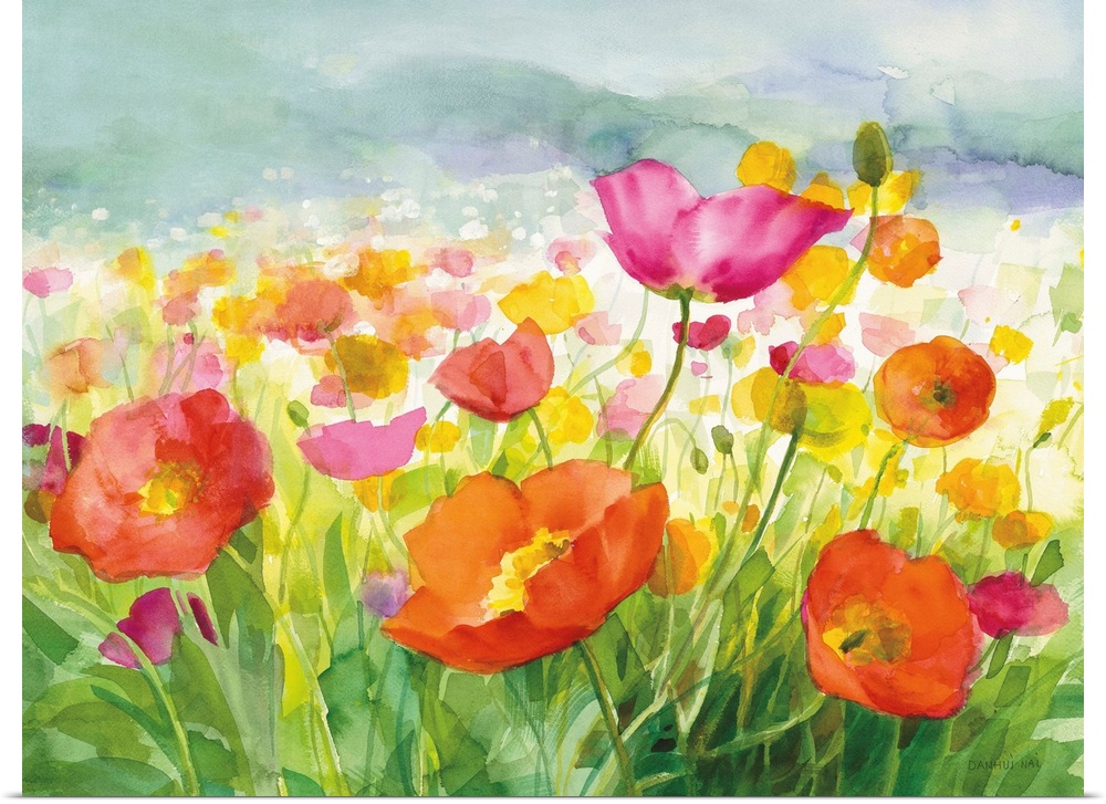 Vibrant orange, pink, and yellow watercolor poppy flowers in a field.