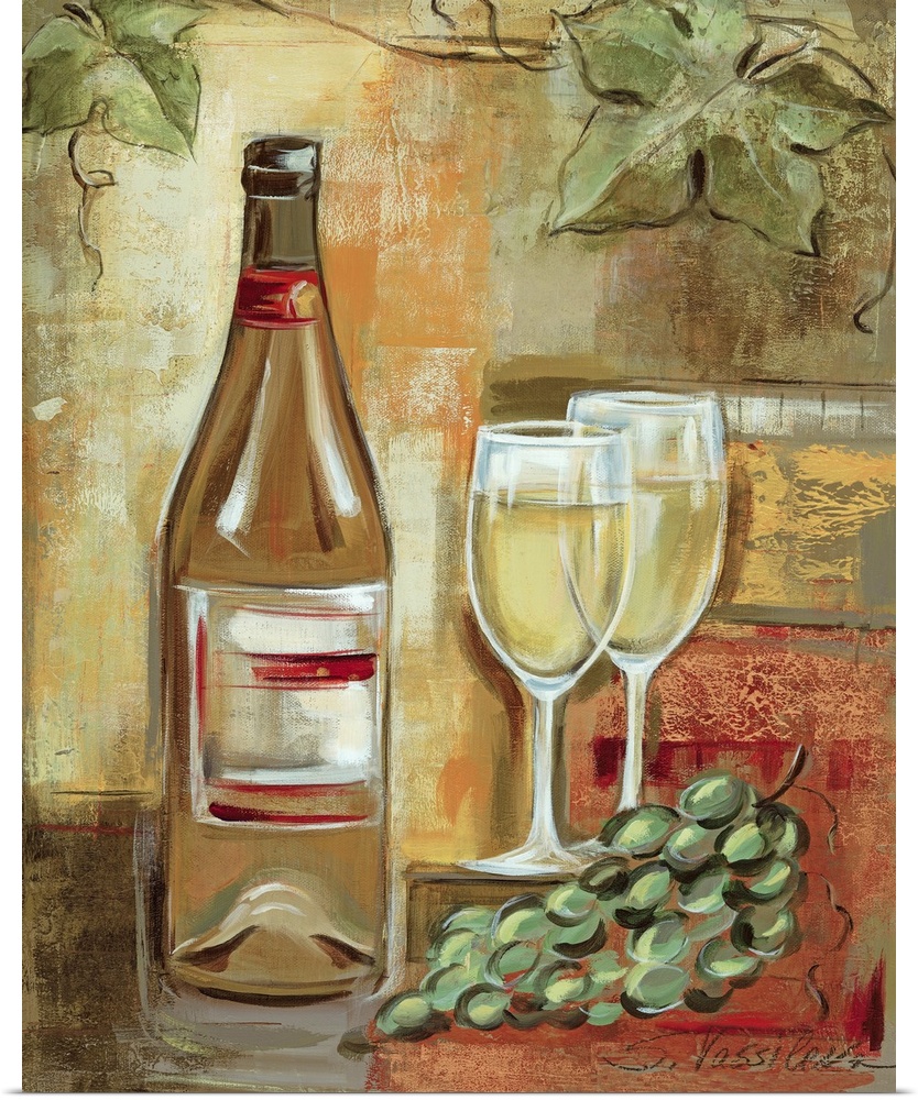 Oversized vertical painting of a wine bottle next to two glasses of white wine and a bunch of grapes, on a background od m...