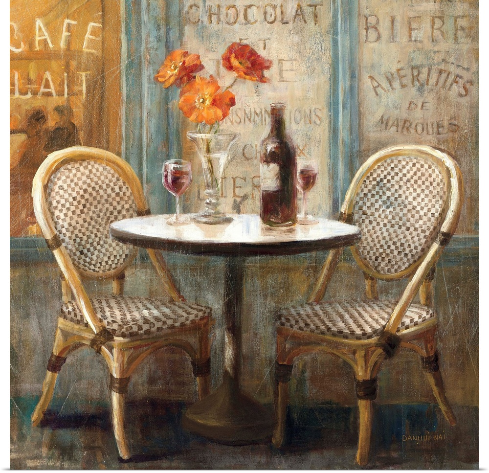 Contemporary painting of a cafe table and chairs.