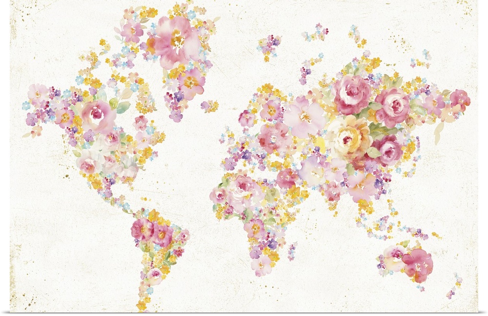Map of the world with the continents made up of pastel pink and yellow flowers.