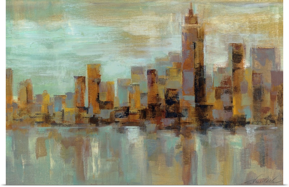 Abstract painting of a misty cityscape with buildings made out of broad strokes.
