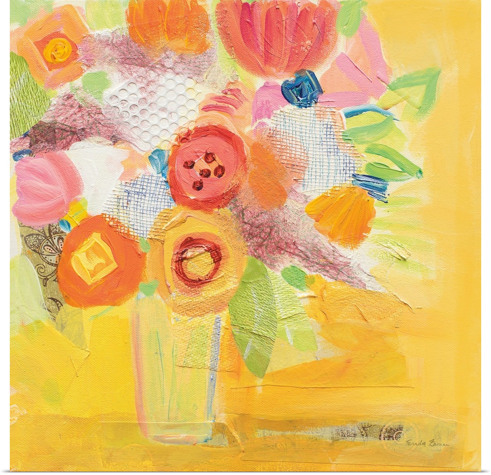 Square abstract painting of a vase of  flowers in eye-catching bright colors.