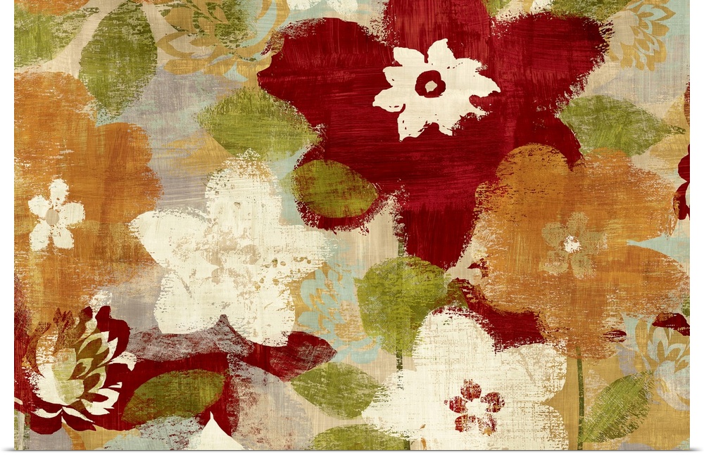 Contemporary painting of floral collage.  There are horizontal brush strokes running through the entire image and flower e...
