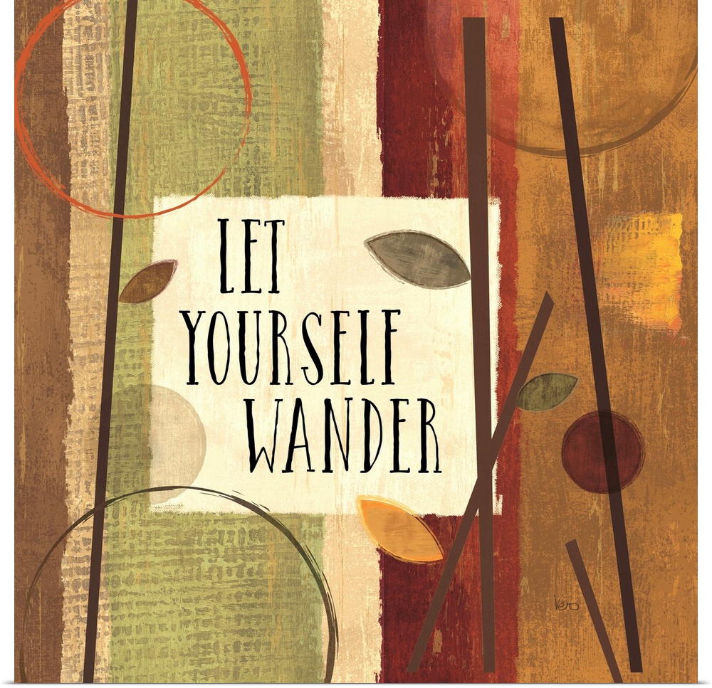 "Let yourself wander" surrounded by leaves and branches and color blocks in earth tones.