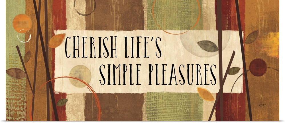 Branches and leaves over autumn colors surrounding the phrase "Cherish Life's Simple Pleasures."