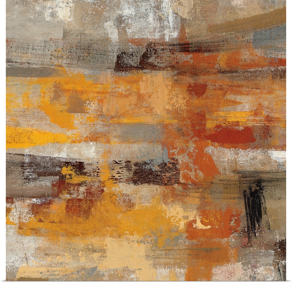 Square, oversized abstract painting of thick, patchy brushstrokes in layers of warm and neutral tones.