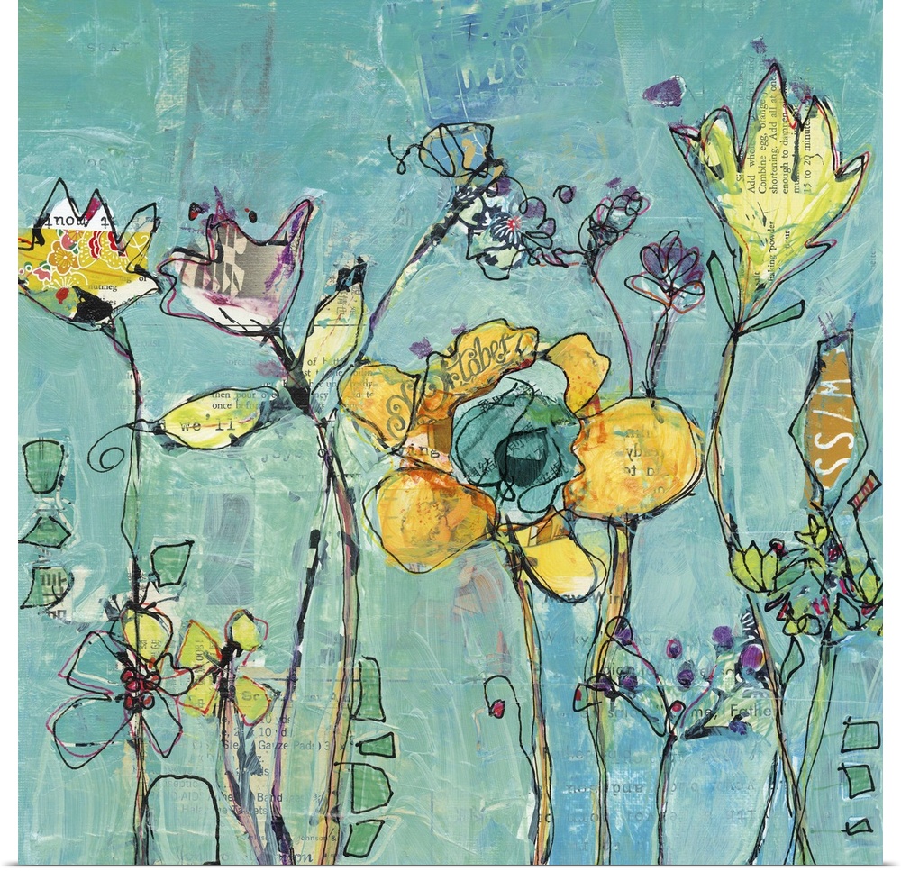 Yellow abstract wildflowers on a teal background made with mixed media.