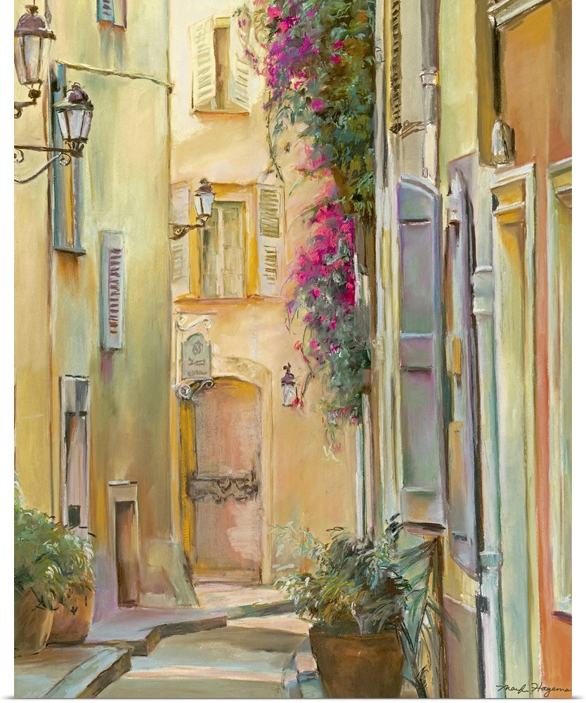 Painting of village alleyway lined with buildings full of windows and flower pots.
