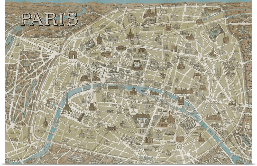 Artwork that is an antique map of Paris with drawings of landmarks corresponding to their locations on the map.