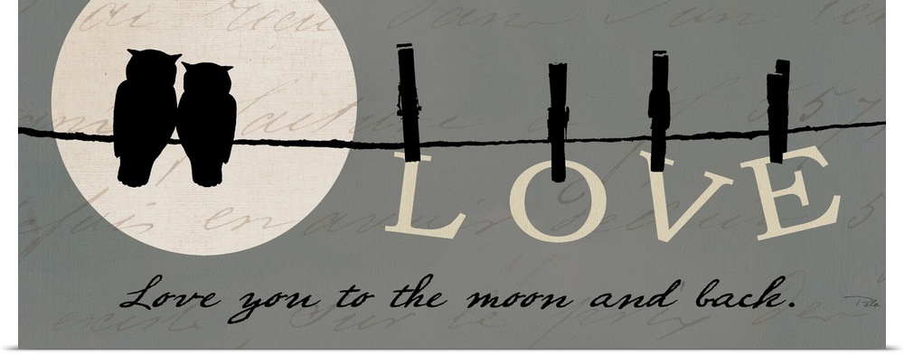 This panoramic piece shows a silhouette of two owls sitting on a wire in front of the moon with the word "LOVE" hanging fr...