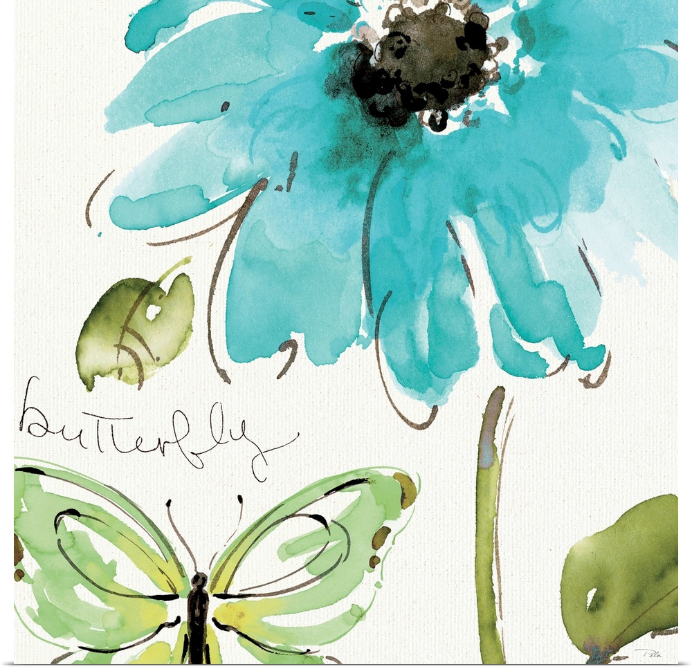 Docor perfect for the home of a delicate painted blue flower and a butterfly painted in the bottom left hand corner.