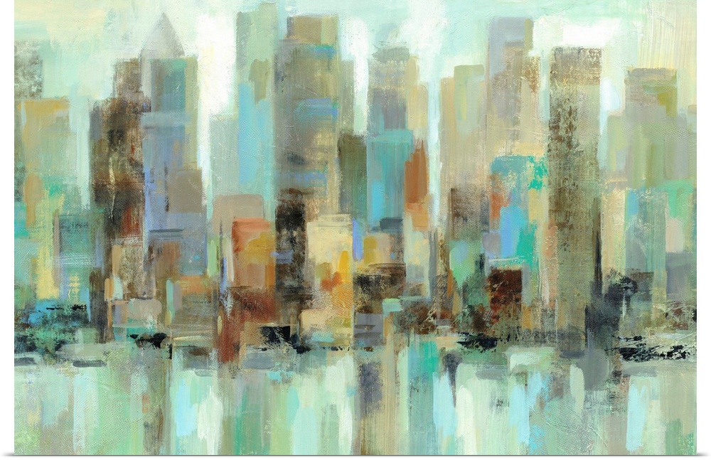 Contemporary painting of a city skyline in green and blue tones.