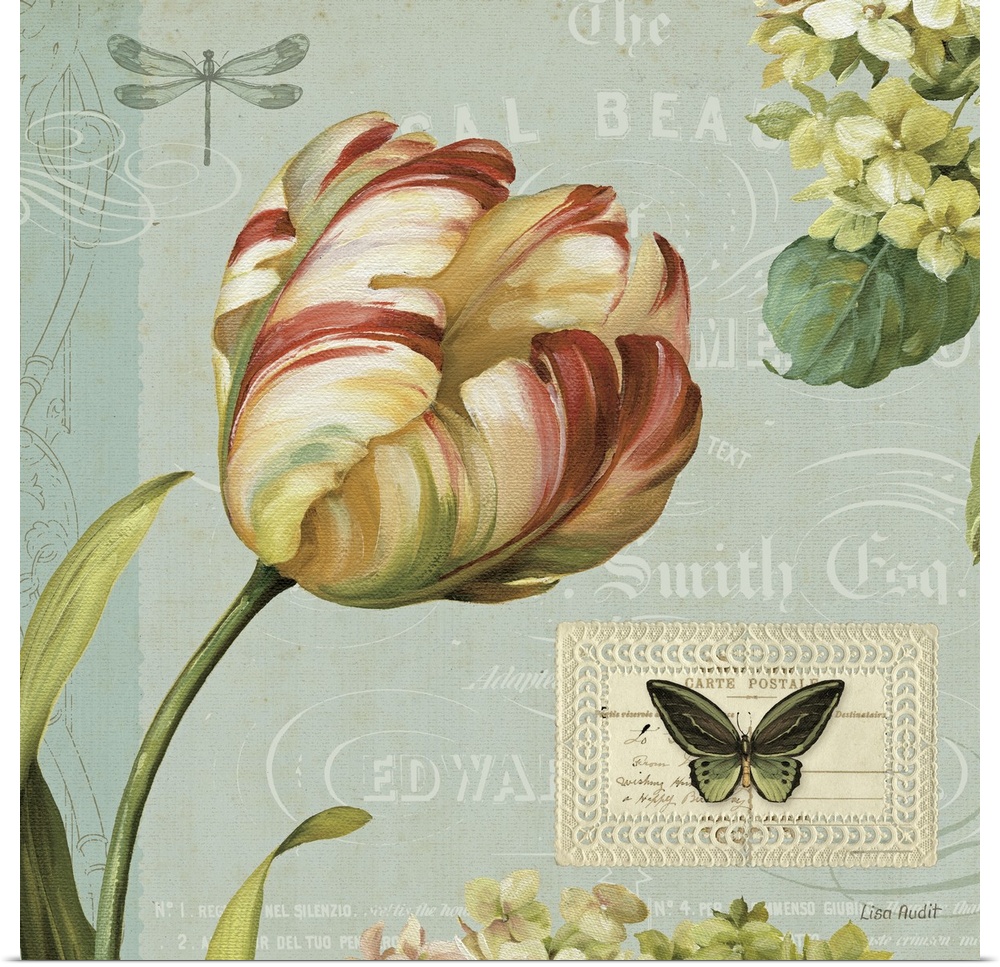 A decorative collage panel containing a tulip, hydrangeas, and a butterfly, with antique text and flourishes.