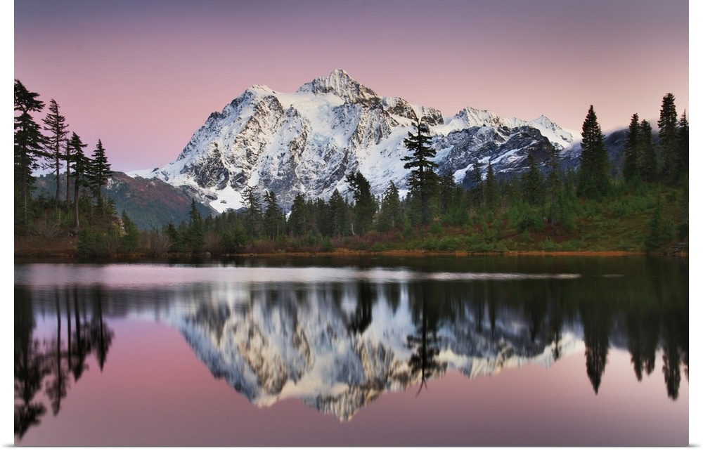 Photograph of alpenglow over Mount Shuksan (9131 feet, 2783 meters) seen from Picture Lake, Heather Meadows Recreation Are...
