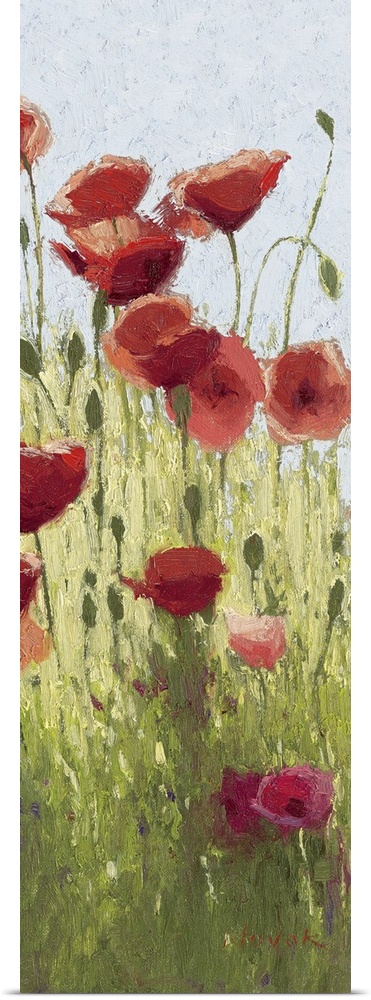This large vertical piece is a painting of red poppy flowers sprouting from green foliage.