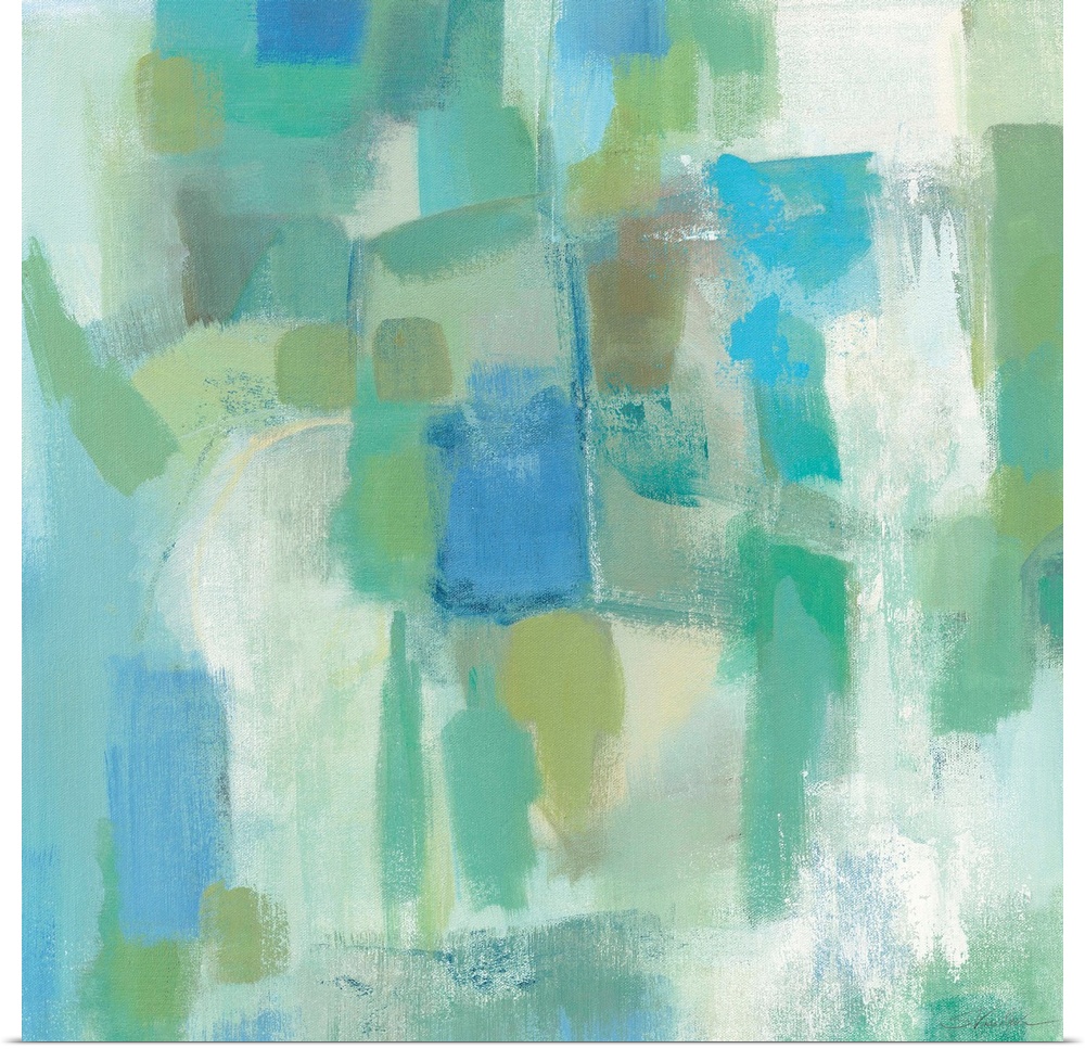 Contemporary abstract painting in pastel blue shades.