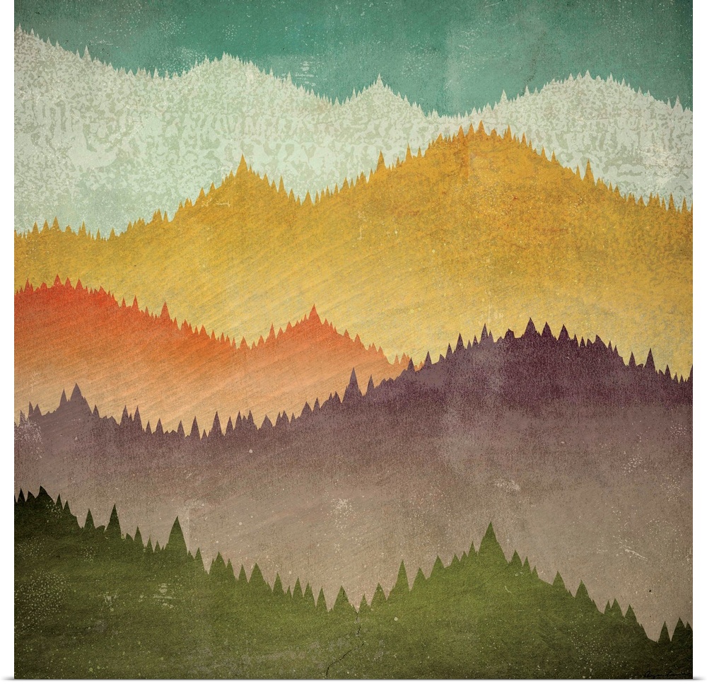 Contemporary artwork of colorful mountain peak silhouettes.