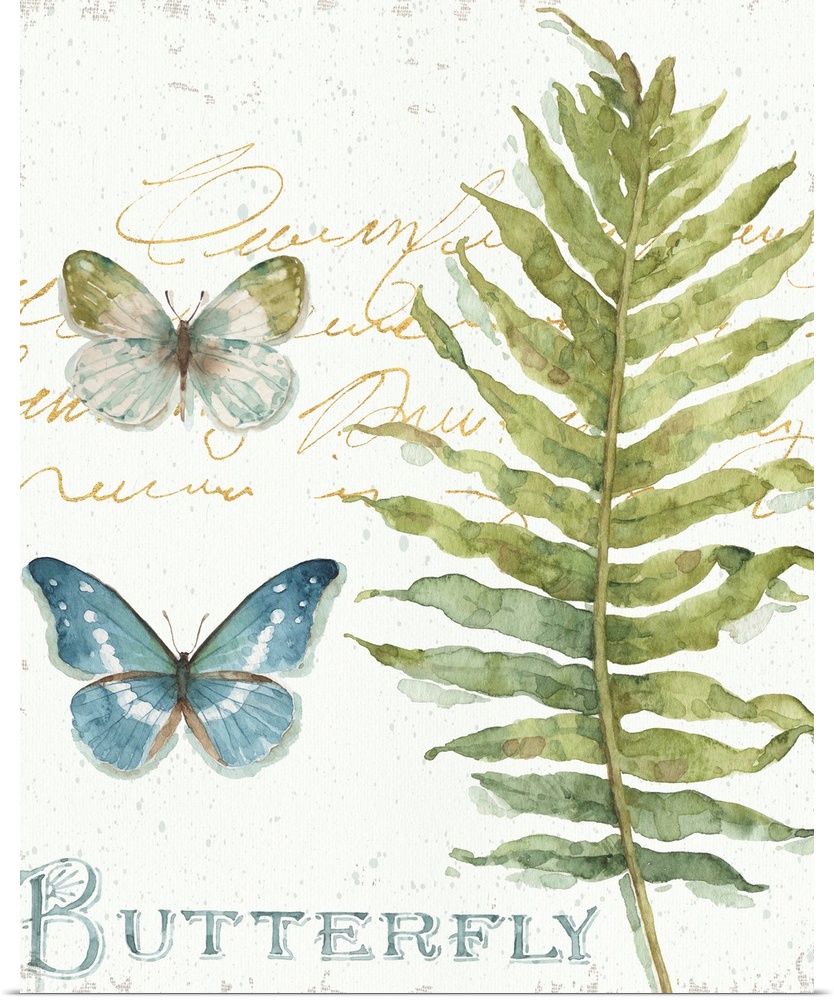 Watercolor painting of leaves and two butterflies with the word "Butterfly" written in blue on the bottom and gold handwri...