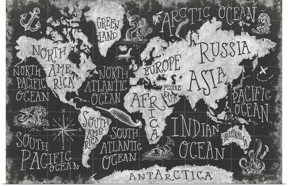 Chalkboard map of the world with mythical creatures decorating the oceans.