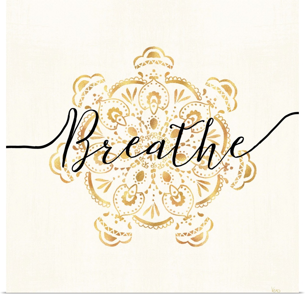 Shiny gold mandala on a neutral background with the word "Breathe" written through the center.