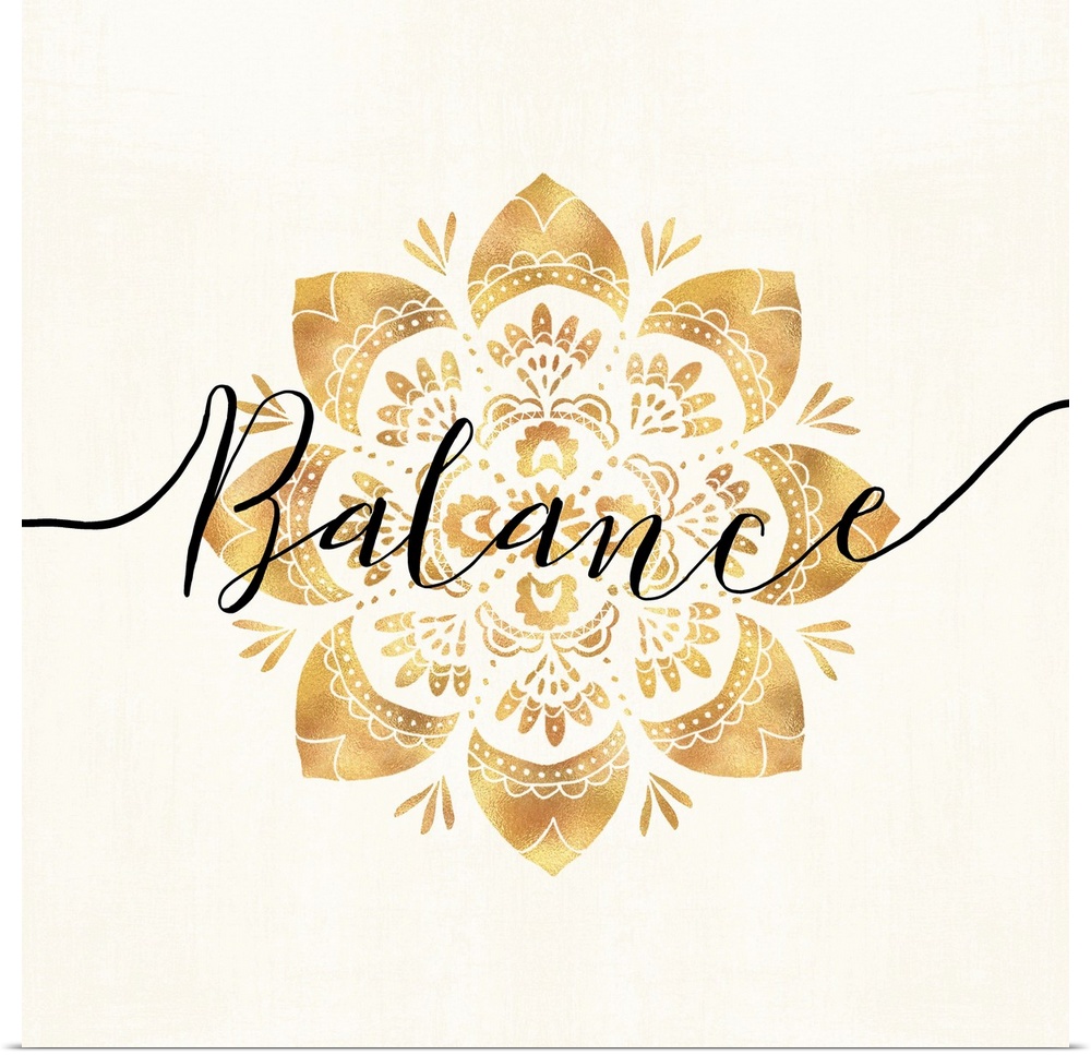 Shiny gold mandala on a neutral background with the word "Balance" written through the center.