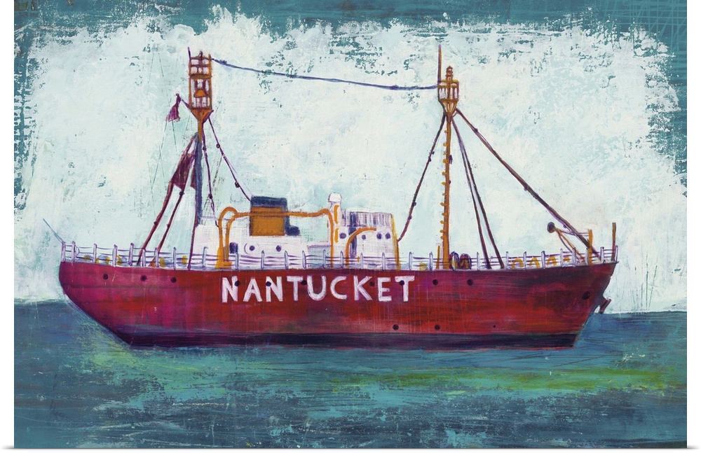Contemporary painting of a Nantucket boat on blue green water with a big white splash background.