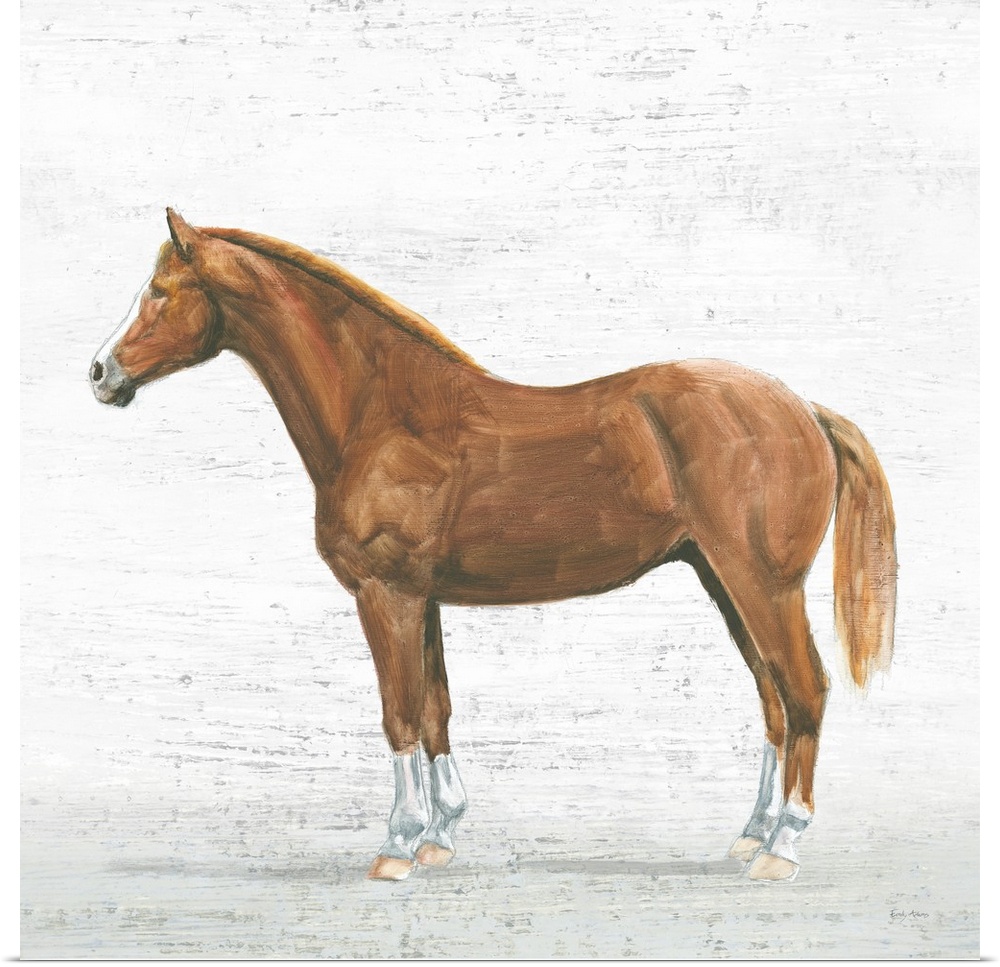 Square painting of a light brown horse on a textured white and gray background.