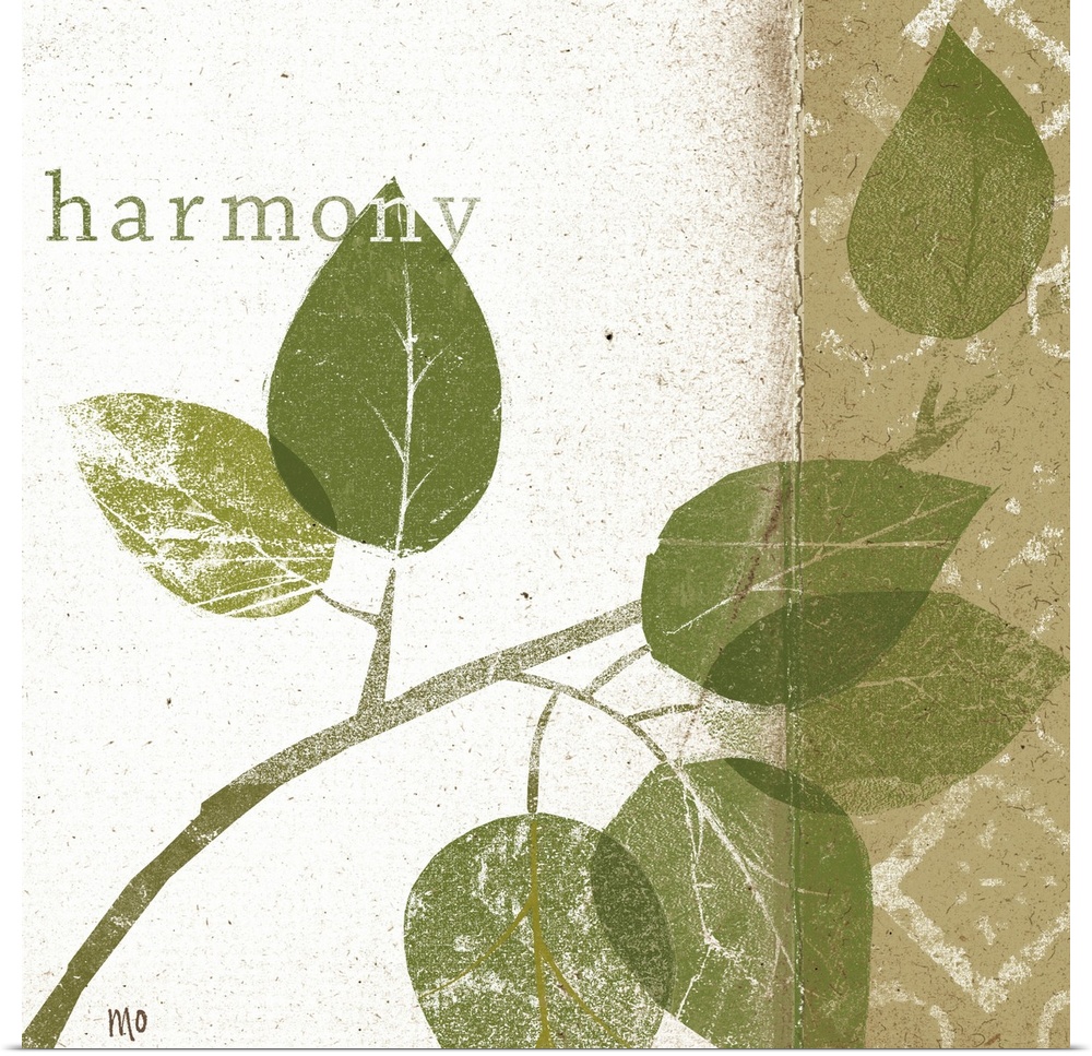 Contemporary artwork with eroded branch and leaf silhouettes with the text "harmony" overlain.