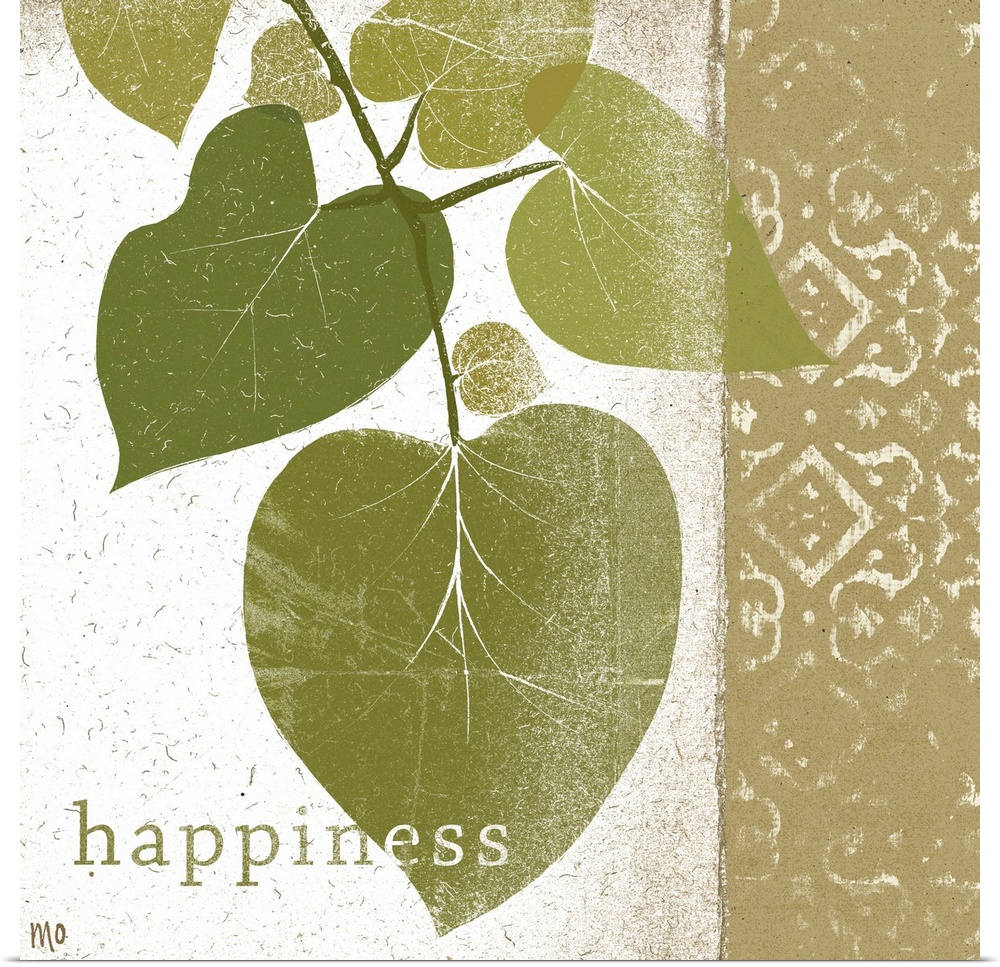 Photo of a branch of leaves and a design with the word happiness at the bottom.