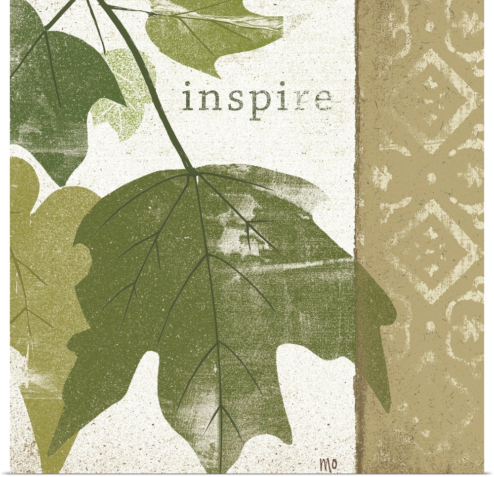 Textured leaves on a patterned background with the word inspire towards the top.