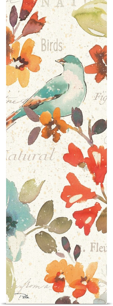 Contemporary watercolor artwork of flowers and a bird, against a beige background with text.