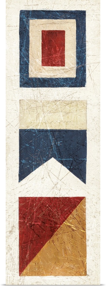Vertical painting of three nautical flags.