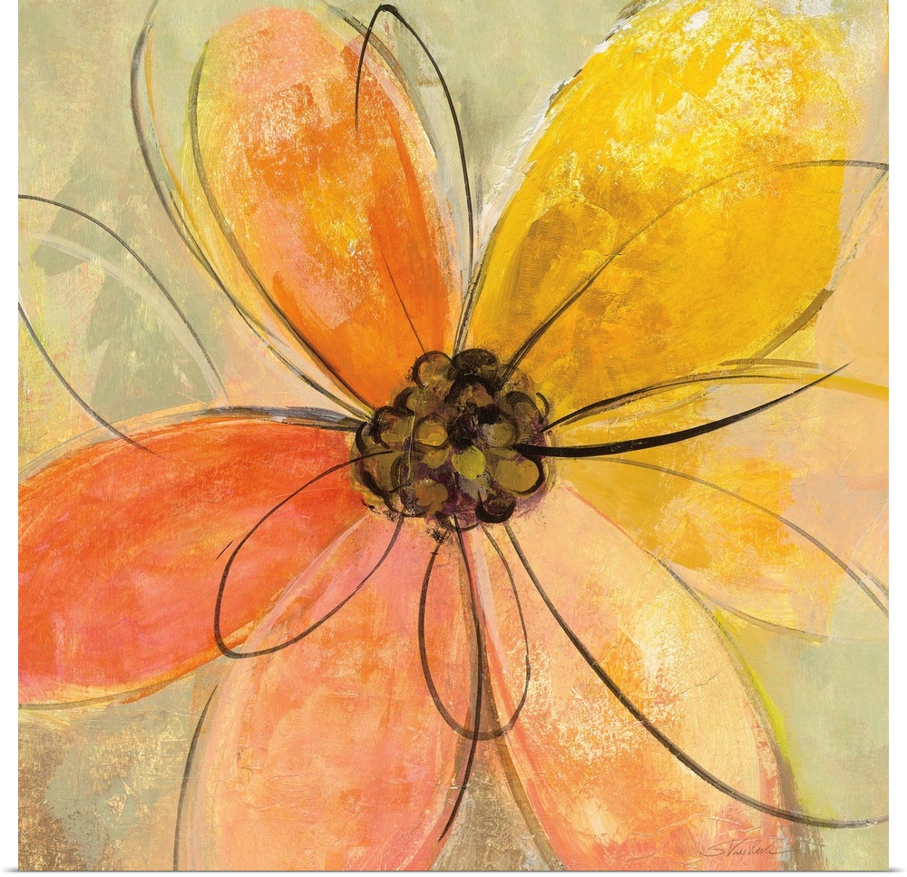 Square painting of a big yellow and pink flower with black outlined petals on a neutral green and brown hued background.