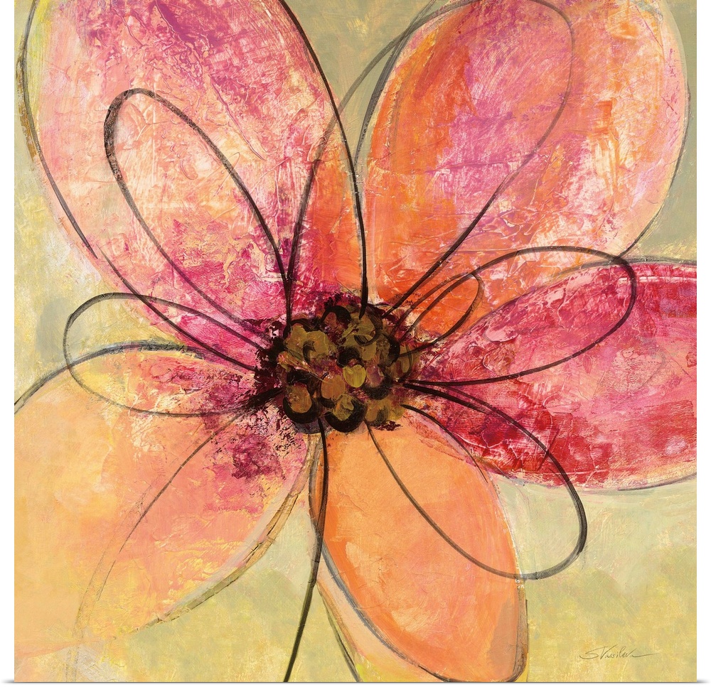 Square painting of a big pink and orange flower with black outlined petals on a neutral green and brown hued background.