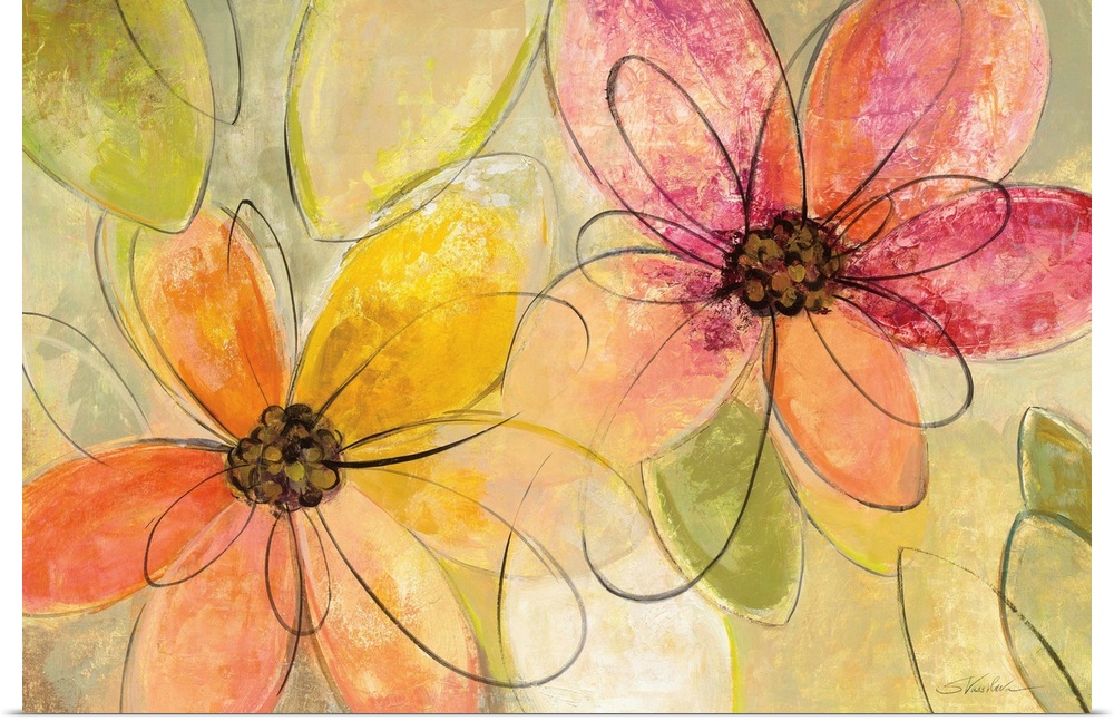 Abstract painting of pink, orange, and yellow flowers with black loopy outlines.