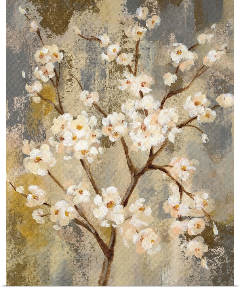 Contemporary painting of blossoming branches in neutral tones.