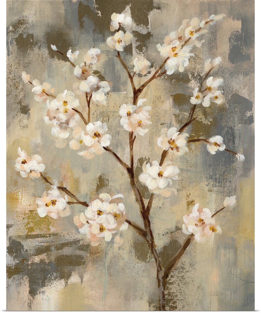 Contemporary painting of blossoming branches in neutral tones.